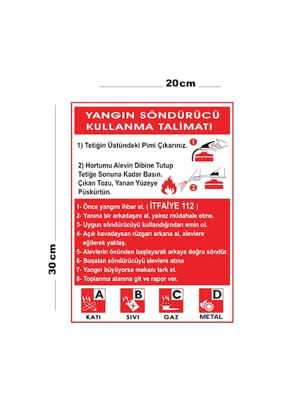 Metal Yangın Söndürücü Kullanma Talimatı 20cm X 30cm A4 Büyüklüğünde Uyarı Levhası Yönlendirme