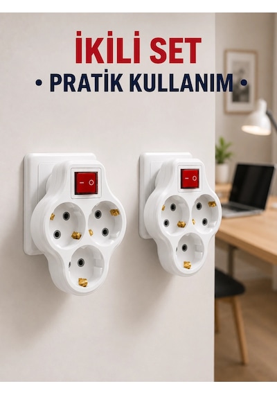 Kablosuz 3 Lü Priz Çoklayıcı Açma Kapama Anahtarlı Duvar Tipi 2 Adet Set 1