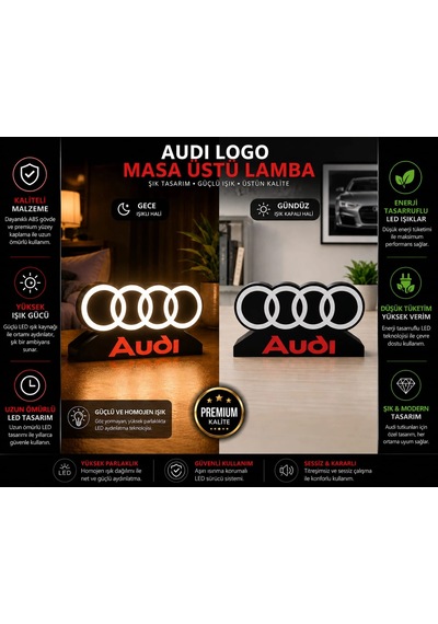 Audi Masa Lambası , Audi Logolu Led Işıklı Masa Lambası , Audi Gündüz Gece Masa Lambası Siyah