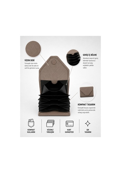 Alphaclub Bag Kadın Hakiki Deri Bölmeli Küçük Kartlık Cüzdan Vizon