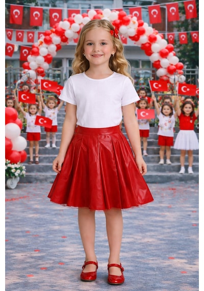 Her Şey Nota Kız Çocuk Kırmızı Deri Etek Kloş Model Okul Ve Bayram Etkinlik Eteği 5-13 Yaş
