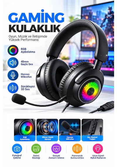 Oyuncu Kulaklığı Mikrofonlu Rgb Led Işıklı 3.5mm Type-c Pc Ps Xbox Uyumlu