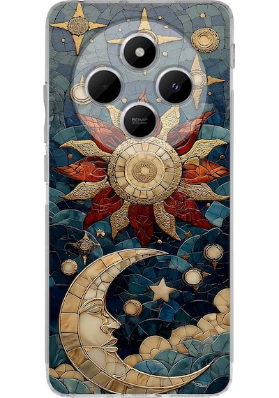 Printify Redmi 14c İle Uyumlu Vitray Sol Ve Luna Tasarımlı Şeffaf Silikon Kılıf Şeffaf