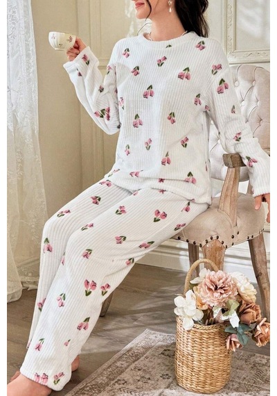 Bella Notte Çiçek Desenli Fitilli Pamuklu Uzun Pijama Takımı Kırık Beyaz