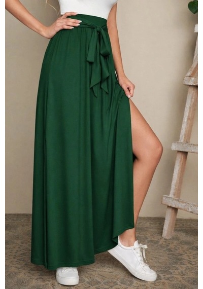 Defymoda Kadın Yüksek Bel Bei Kuşaklı Yandan Yırtmaçlı Uzun Sandy Etek Yeşil