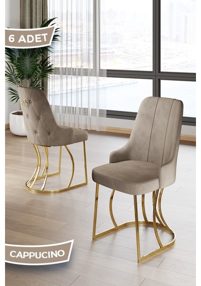 Canisa Puva Serisi 6 Adet Cappucino Sandalye 1.sınıf Babyface Ithal Kumaş Gold Metal Ayaklı Cappucino Sandalye Gold Ayak