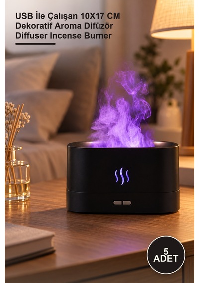 5 Adet Alev Görünümlü Buhurdanlık Difüzörü Usb İle Çalışan 10x17 Cm Dekoratif Aroma Difüzör Diffuser Incense Burner