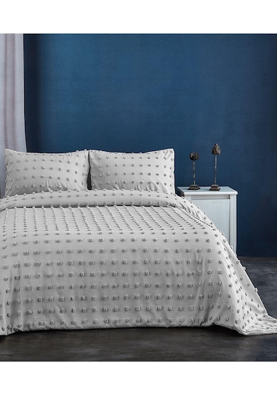 Evlen Home Pamuklu Emmy Yatak Örtüsü Seti Günlük Çift Kişilik Boho 3 Parça Dolgulu Tufting Gri Gri
