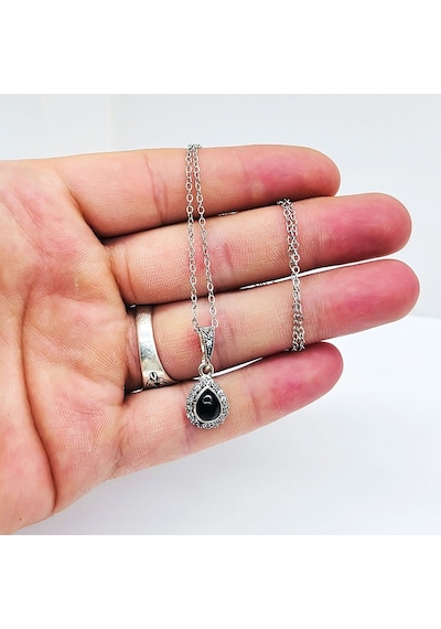 Damla Model Oltu Taşı İşçilikli 925 Ayar Gümüş Kolye Gümüş