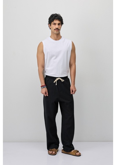 Vamos Bağcıklı Baggy Fit Keten Pantolon Siyah
