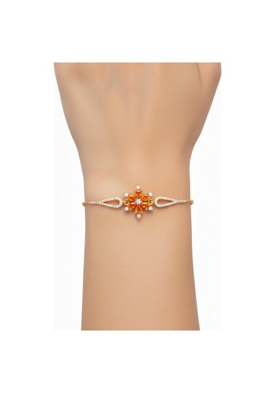 Çekirdekjewelry 925 Ayar Gümüş Zirkon Taşlı Çiçek Figürlü Zarif Altın Renk Kadın Bileklik Sarı Turuncu