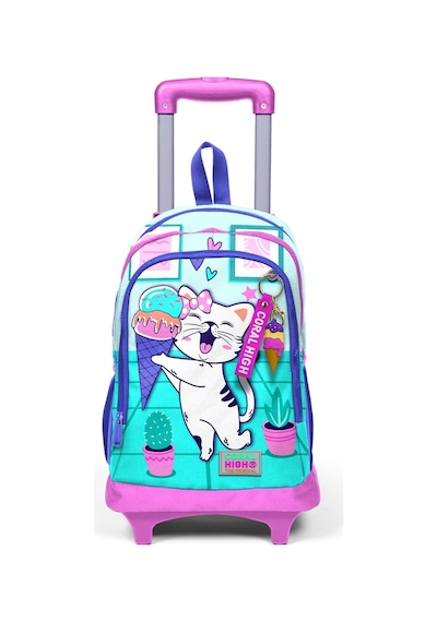 Coral High Kids Turkuaz Pembe Dondurmalı Kedi Desenli Üç Bölmeli Çekçekli Okul Sırt Çantası 23951