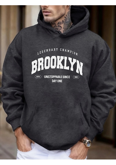 Startmore Tarzsokak Brooklyn Unstoppable Since Day One Baskılı Sokak Modası Kapüşonlu Üst Erkek Günlük Polar Tişö Antrasit