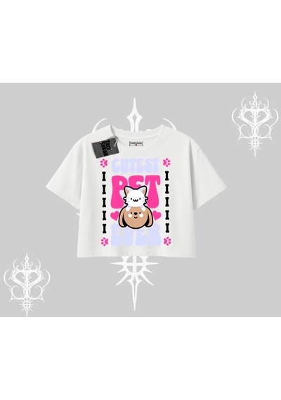 Tarzsokak Best Pet Ever Baskılı Oversize Crop Tshirt Beyaz