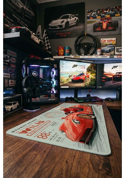 Beyaz Fare Kırmızı Spor Araba 40x90 Cm Oyuncu Mousepad Kaymaz Taban Büyük Boy Siyah