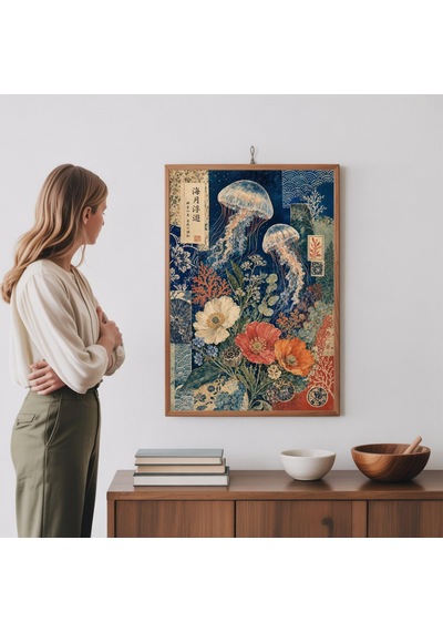 Boho Denizanası Posteri Botanik Kolaj Baskı Sahil Evi Dekorasyonu Okyanus Duvar Sanatı