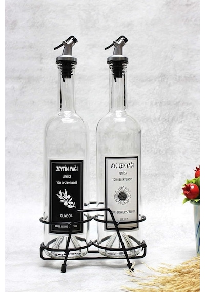 Şeffaf 750 Ml Siyah Beyaz Etiketli Siyah Standlı Akıtıcılı Yağlık Yağdanlık Diğer