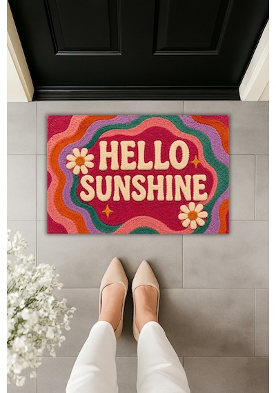Rugmood Hello Sunshıne Renkli Retro Tasarım Dekoratif Kapı Önü Paspası 70x45 Cm Çok Renkli