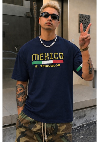 Tarz Cool Erkek Regular Baskılı Tişört Mexico Yazılı %100 Pamuk Rahat Kesim T-shirt Lacivert