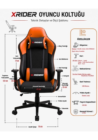 Xrider Bone Model 140 Yatan, Kumaş Oyuncu Koltuğu Turuncu