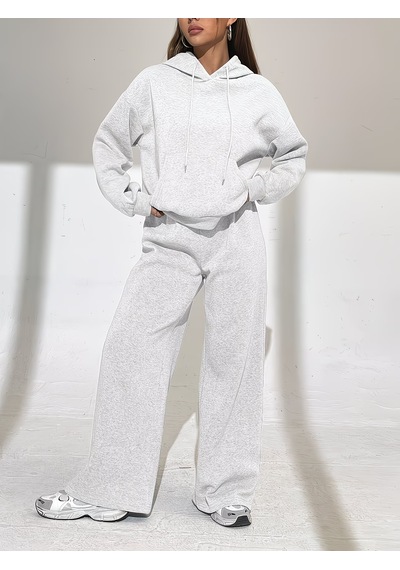 Macklin Unisex Kadın Erkek Baskısız Oversize 3 İplik Kapüşonlu Hoodie Ve Baggy Eşofman Altı Gri Melanj