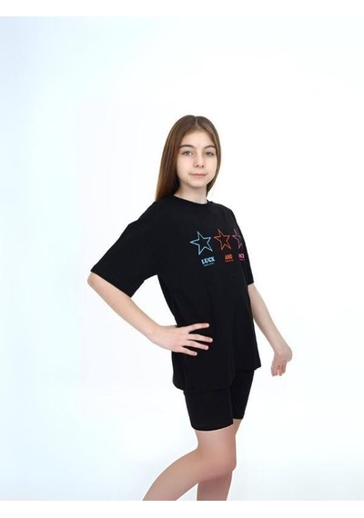 Ekkokids Kız Çocuk Yıldız Baskılı Tshirt-14047 Siyah