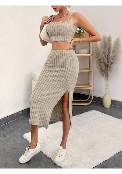 İkales Kadın Kolsuz Askılı Crop Yırtmaçlı Midi Etek Fitilli Kaşkorse Takım Bej