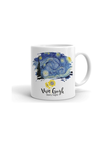 Beyaz Van Gogh Yıldızlı Gece Baskılı Seramik Kupa