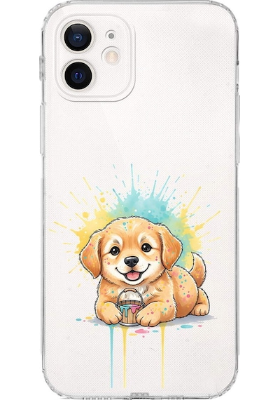 Apple Uyumlu iPhone 12 Mini İle  Splash Köpek Tasarımlı Kamera Korumalı Şeffaf Silikon Kılıf 051g