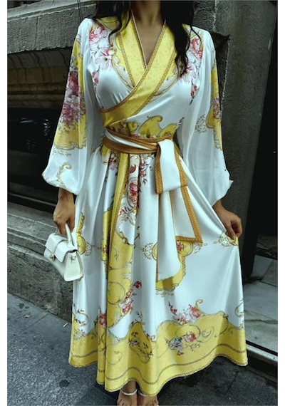 Neşeli Butik Kadın Kuşaklı Midi Boy Desenli Elbise Nbms42149 Sarı