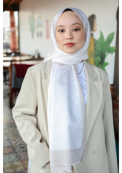 Premium Lux Original Monogram Şal İpek Vual, Yüksek Kalite, Hafif, Rahat, Şık, Tesettür, Shawl Krem & Kahve