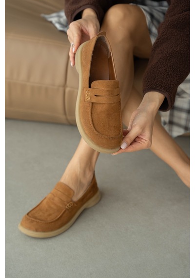 Selin Shoes Brelin Kalın Topuk Tek Bant Detay Kadın Ayakkabı- Taba Süet