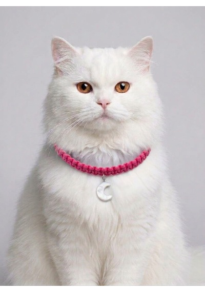 Fuşya El Örgüsü Makrome Kedi Tasması 27 Cm - Ay Figürlü Charm Şık Kedi Boyun Tasması