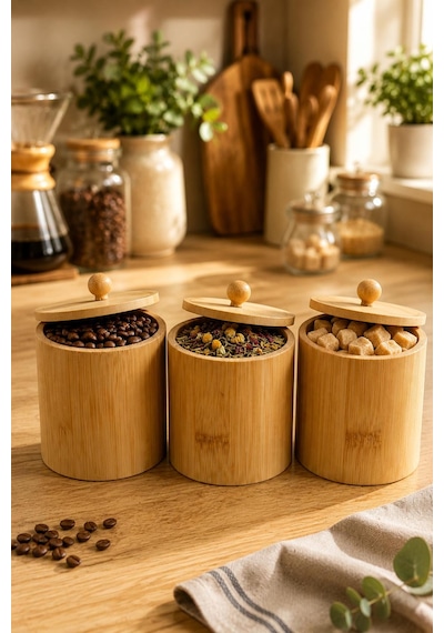3 Lü Bambu Saklama Kutusu Kapaklı Kahve Çay Şeker Baharat Kavanozu Mutfak Düzenleyici 10x8 Cm