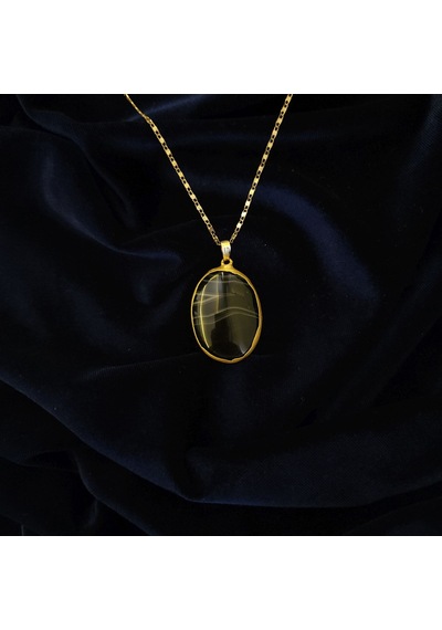 Doğal Oniks Taşlı Oval Gold Çerçeveli Çelik Zincirli Kolye Siyah