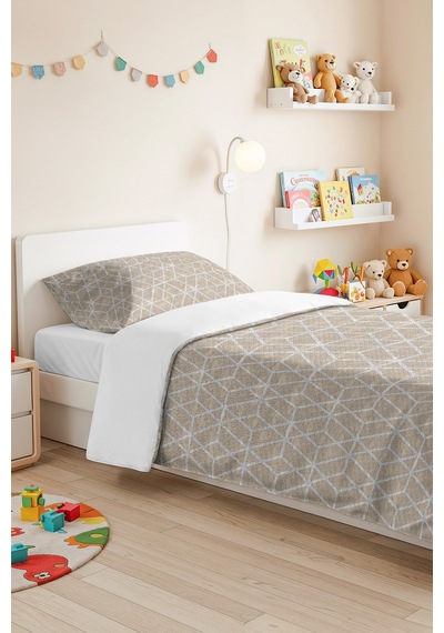 Bej Geometrik Genç Odası Tek Kişilik Pike Takımı - Modern Beyaz 160x220 Cm Kapitone Yatak Örtüsü Kırmızı