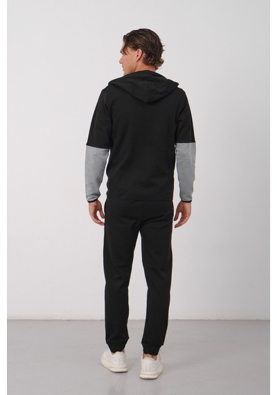 Dechers Erkek Siyah Tech Fleece Double Face Kapüşonlu Fermuarlı Eşofman Takımı - E228 Gri
