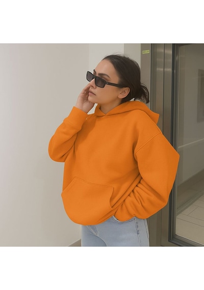 Benroma 3 İplik Penye Baskılı Ünisex Kapüşonlu Sweatshırt Turuncu