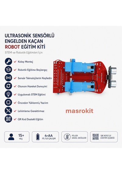 Masrokit U2l-7718 Ultrasonik Sensörlü Engelden Kaçan Robot Eğitim Kiti Metal Dişli Mavi Motorlu
