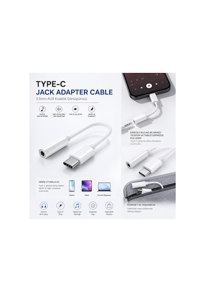 Type C Jack Adapter Cable 3.5mm Aux Kulaklık Dönüştürücü Dijital Ses Adaptörü Usb C Uyumlu Beyaz