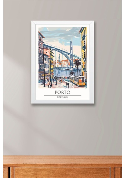 Portekiz Porto Temalı Çerçeveli Tablo Travel Serisi Modern İllüstrasyon Şehir Duvar Dekoru Beyaz