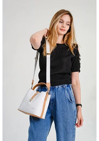 Just Polo Kadın Orta Boy Ayarlanabilir Askılı Şık El & Omuz Çantası Shoulder Bag Beyaz Taba