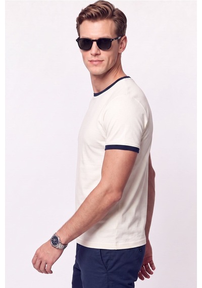 Efor Slim Fit Bisiklet Yaka Ekru - Lacivert Tişört Ts 932 Ekru-lacivert