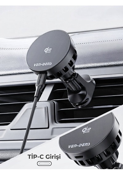 Ven-dens Vd-wlc031 Qi2 25 W Manyetik Kablosuz Şarjlı Araç Telefon Tutucu, Magsafe Uyumlu, Soğutma Fanlı, 360 Döner, Siyah