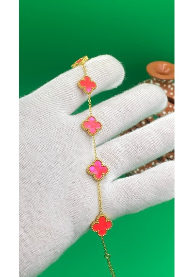 Gold Renk Yonca Desenli Çelik 316l Bileklik Altın - Pembe