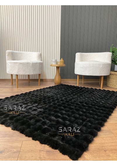 Saraz Halı Bubble Tavşan Post Yumuşacık Tavşan Tüyü Kaymaz Yıkanabilir Siyah Siyah