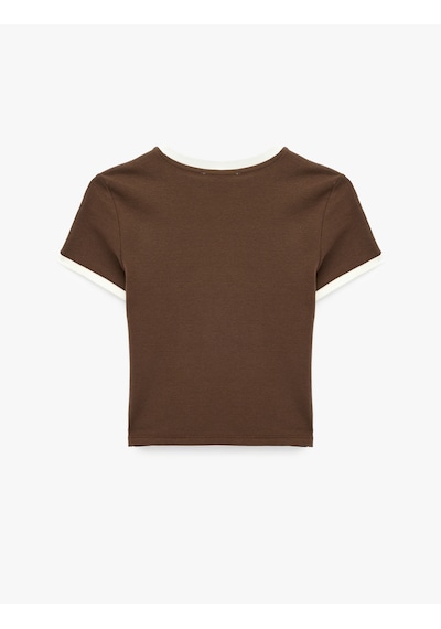 Koton Pamuklu Biyeli Slim Fit Kısa Kollu Bisiklet Yaka Baskılı Tişört Kahverengi 6sal10930ık Kahve
