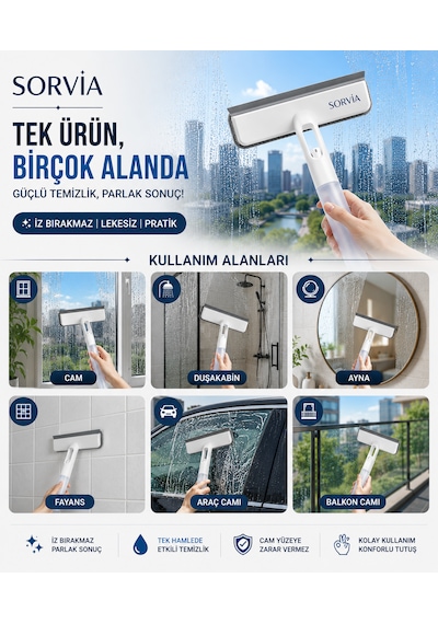 Spreyli Cam Silme Aparatı Mikrofiber Cam Sileceği Çekçekli Pencere Ayna Duşakabin Fayans Temizleyici Beyaz