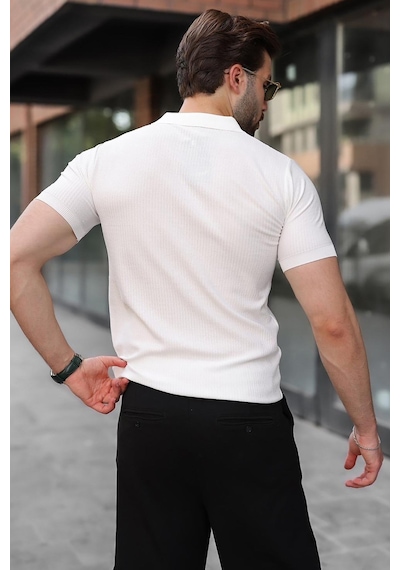 Madmext Beyaz Çıt Kapamalı Polo Yaka Triko Erkek Tişört E7493
