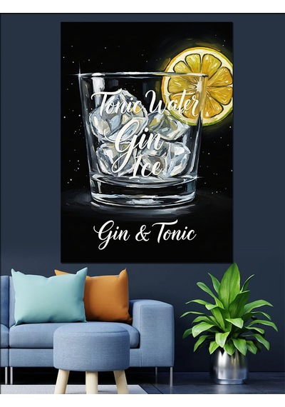 Ahşap Tablo Siyah Beyaz Cin Tonik Bardağı Sarı Limon Detaylı